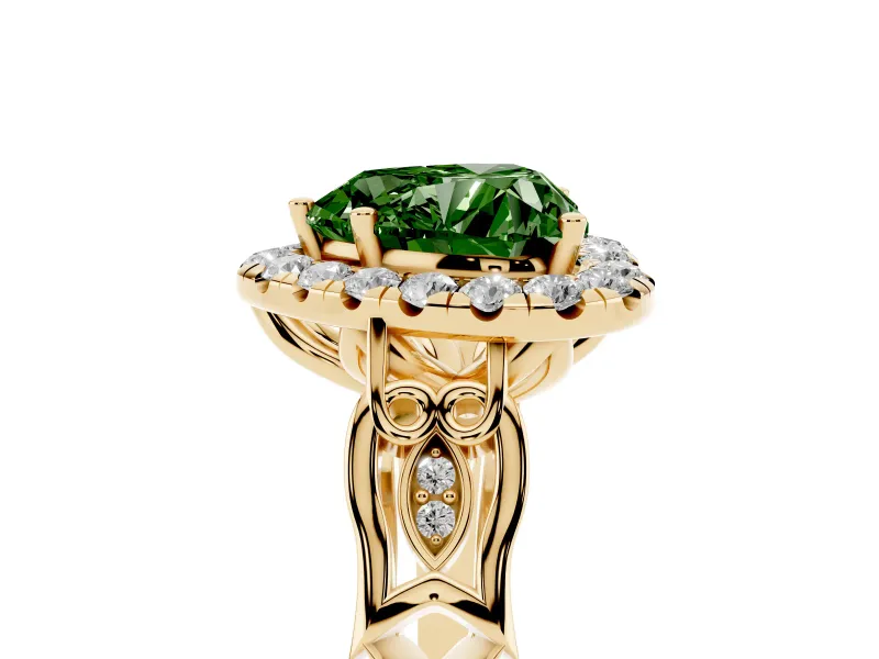 Fancy Green Heart Cut Diamond Halo Engagement Ring Set in Yellow gold with Filigree Band and Prong-Set Center