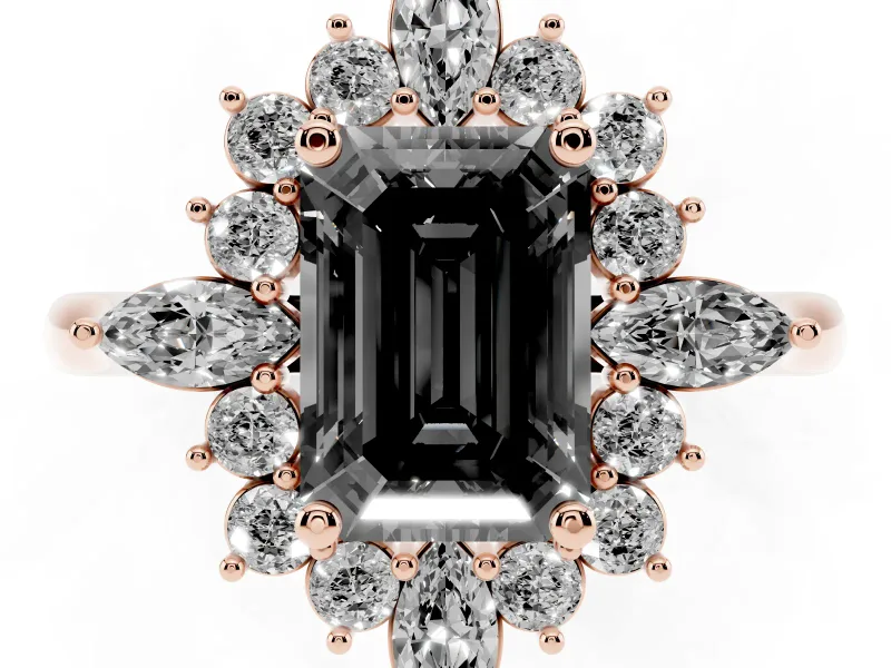 Emerald Cut Cluster Halo Engagement Ring Setting for a Black Center | Rose Gold