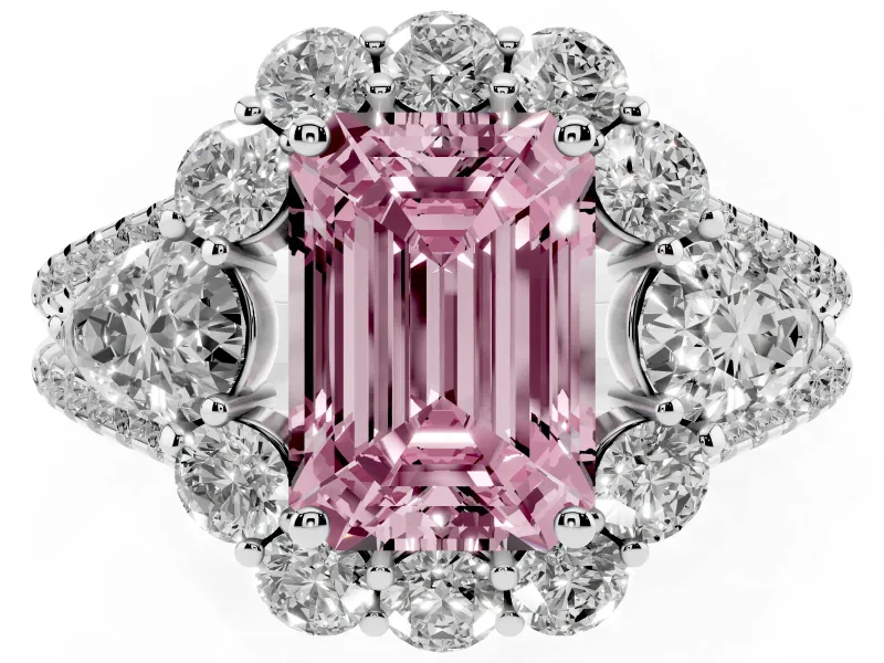 Fancy Pink Emerald Cut Diamond Halo Split Shank Engagement Ring Set in Silver with Prong-Held Center Stone
