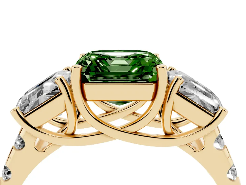Asscher Cut Three Stone Engagement Ring Setting for a Fancy Green Lab-Grown Diamond | Accented Shoulders | Yellow Gold