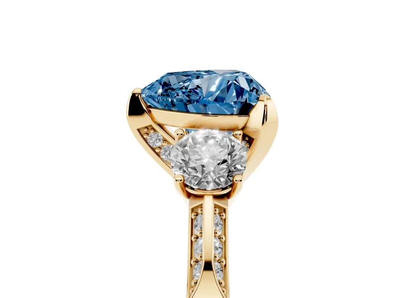 Heart-Shaped Hidden Halo Three Stone Engagement Ring Setting for a Fancy Blue Lab-Grown Diamond | Yellow Gold