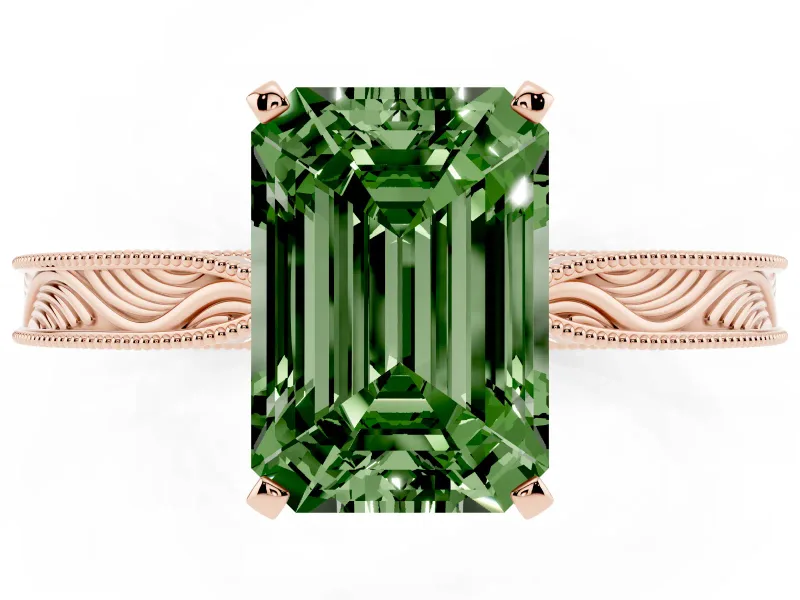 Fancy Green Emerald Cut Diamond Solitaire Milgrain Engraved Band Set in Rose gold with Prong Setting