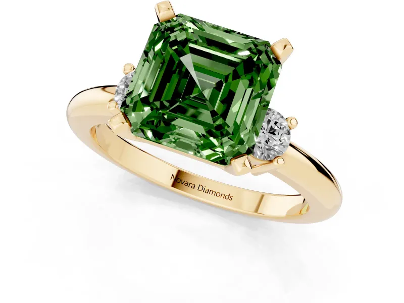 Asscher Cut Three Stone Engagement Ring Setting for a Fancy Green Lab-Grown Diamond | Round Side Stones | Yellow Gold