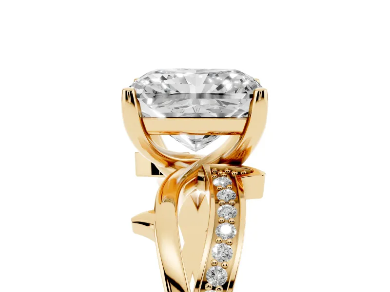 Radiant Cut Diamond Pavé Twist Band Solitaire Ring Set in Yellow gold with Prong Setting