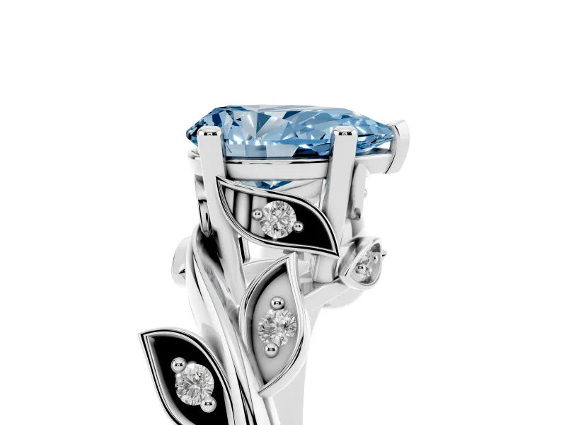Fancy Blue Pear Cut Diamond Solitaire Twist Engagement Ring Set in White gold with Pavé Leaf Accents