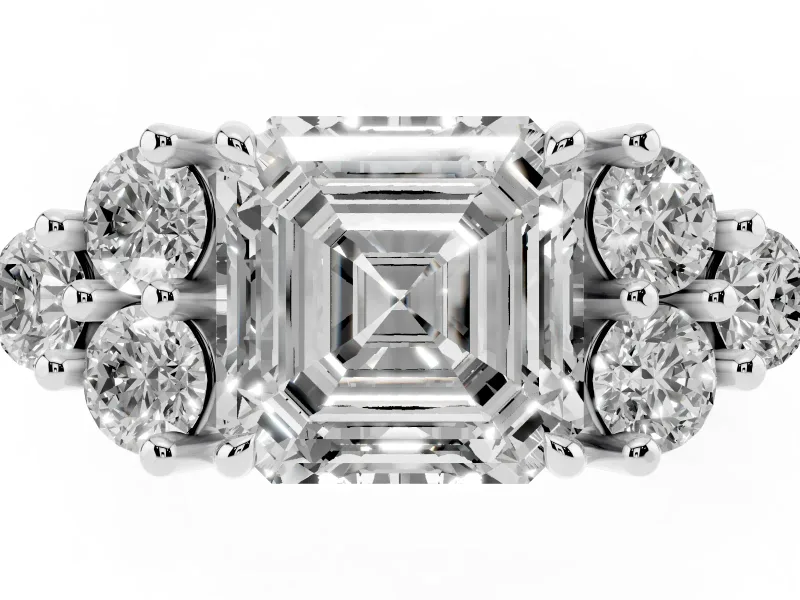 Asscher Cut Diamond Solitaire Ring Set in Silver with Cluster Accents on Each Side
