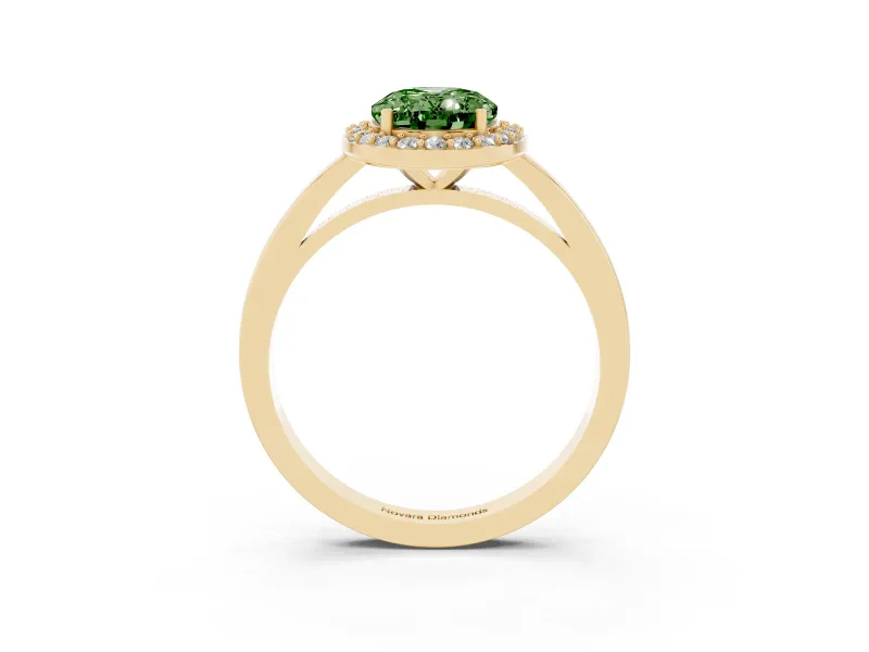 Fancy Green Oval Cut Diamond Halo Ring Set in Yellow gold with Solitaire Band and Prong Setting