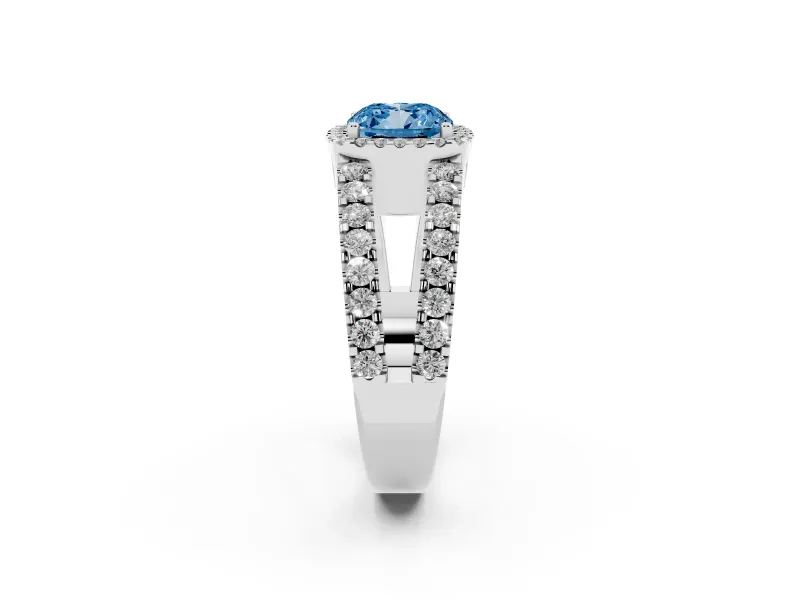 Fancy Blue Cushion Cut Diamond Halo Ring Set in Silver with Pavé Split Shank and Prong Setting