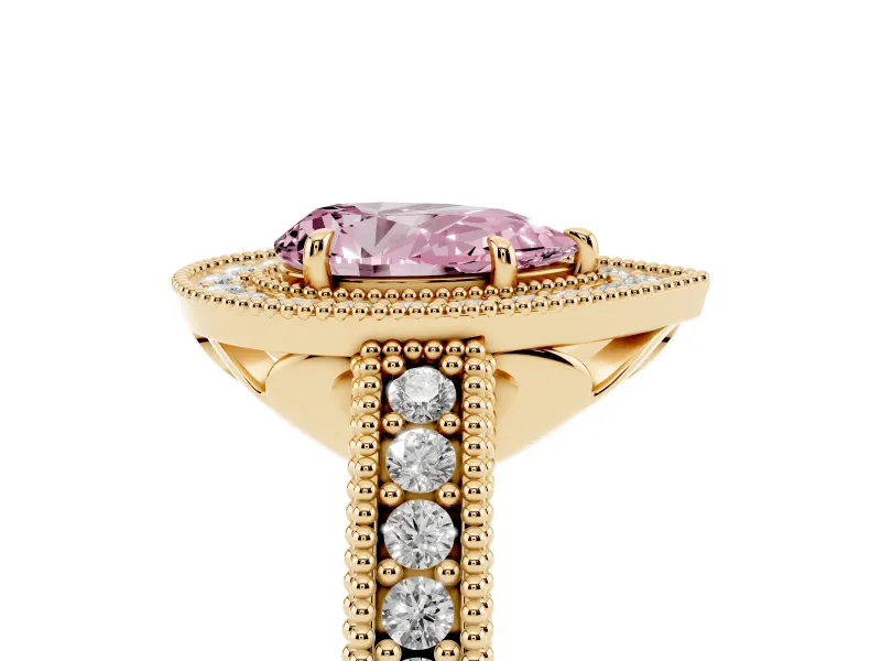 Pear-Shaped Milgrain Halo Engagement Ring Setting for a Fancy Pink Lab-Grown Diamond | Carved Leaf Detail | Yellow Gold
