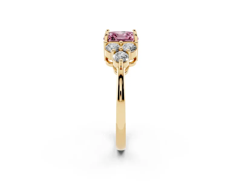 Fancy Pink Asscher Cut Diamond Solitaire Ring Set in Yellow gold with Cluster Accents on Each Side