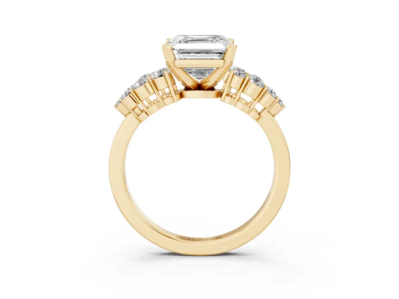 Asscher Cut Diamond Cluster Engagement Ring Set in Yellow gold with Pavé Band and Prong Setting