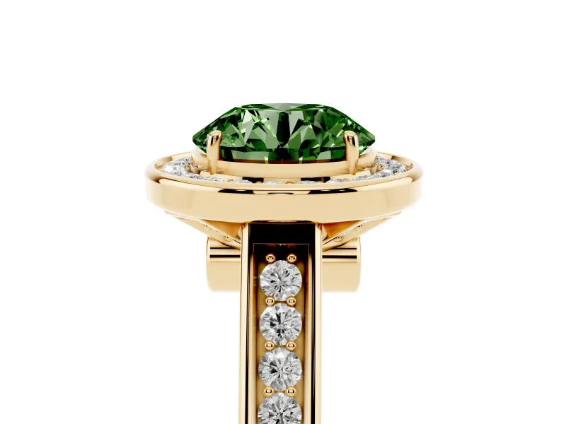 Fancy Green Round Cut Diamond Halo Solitaire Ring Set in Yellow gold with Pavé Band and Bezel Setting