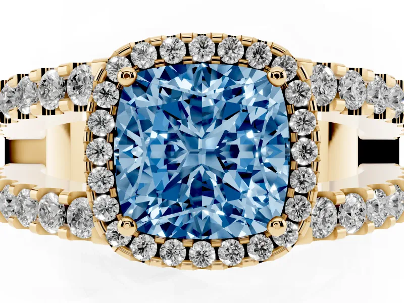 Cushion Cut Halo Engagement Ring Setting for a Fancy Blue Lab-Grown Diamond | Yellow Gold