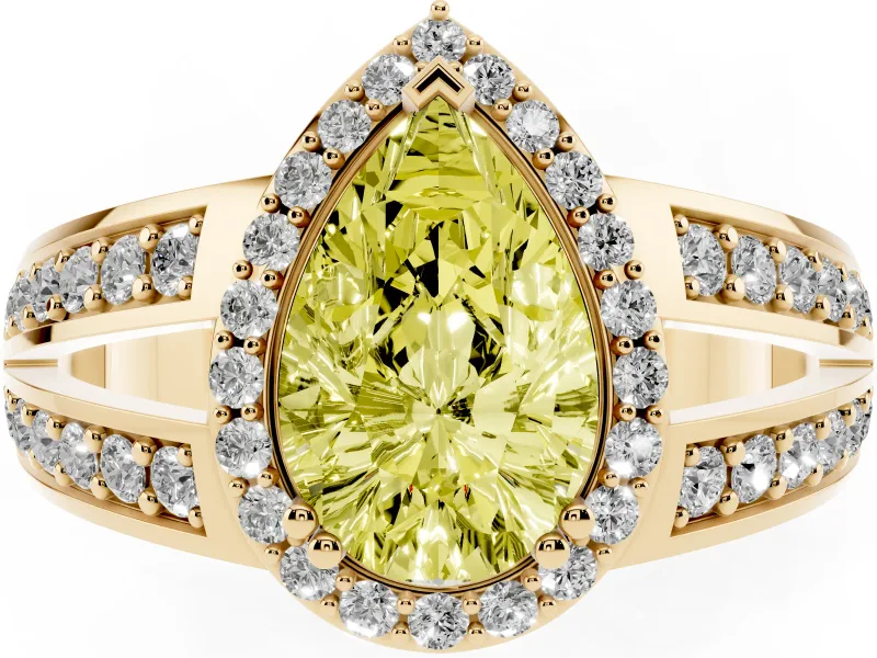 Pear-Shaped Halo Engagement Ring Setting for a Fancy Yellow Lab-Grown Diamond | Two-Row Pave Split Shank | Yellow Gold