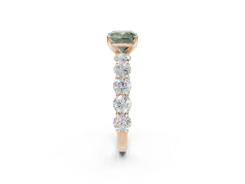 Cushion Cut Side Stone Engagement Ring Setting for a Fancy Green Lab-Grown Diamond | Scalloped Prong Accents | Rose Gold