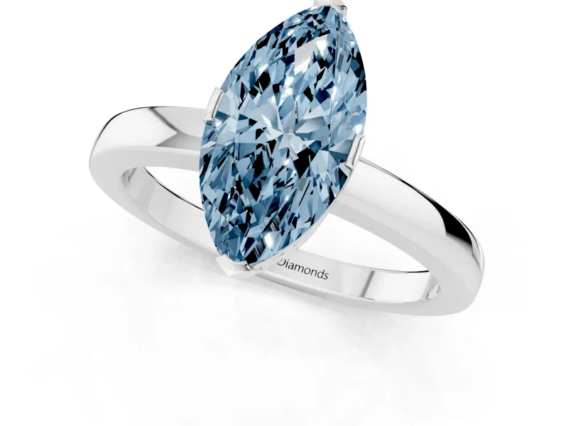 Fancy Blue Marquise Cut Diamond Solitaire Ring Set in Silver with Prong Head and Smooth Polished Band
