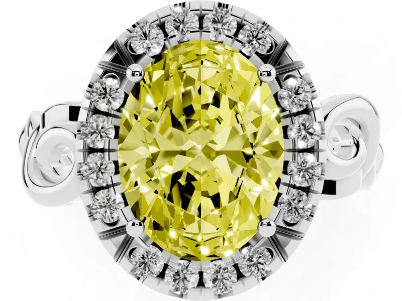 Fancy Yellow Oval Cut Diamond Halo Ring Set in Silver with Scrollwork Band and Prong Setting