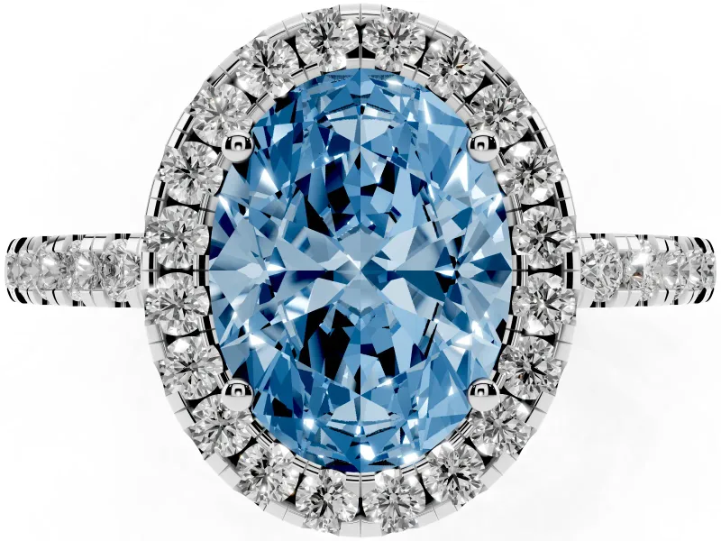 Fancy Blue Oval Cut Diamond Pavé Band Halo Engagement Ring Set in Platinum with Prong Setting