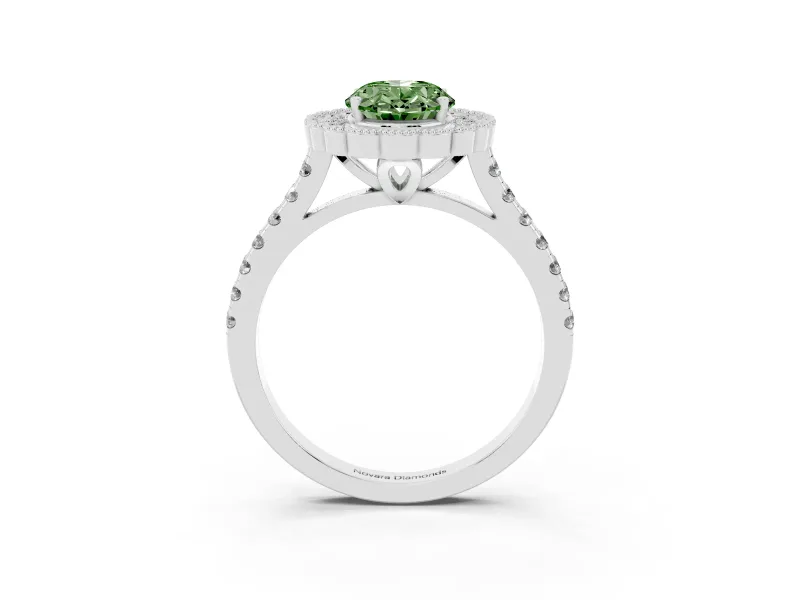 Fancy Green Oval Cut Diamond Milgrain Floral Halo Engagement Ring Set in Platinum with Pavé Band