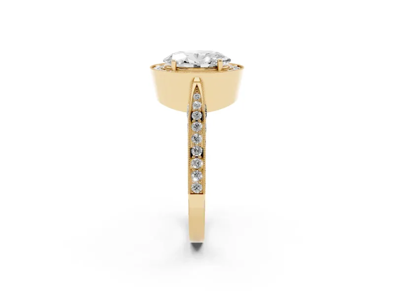 Oval Vintage Milgrain Halo Engagement Ring Setting | Side Stones and Pave | Yellow Gold