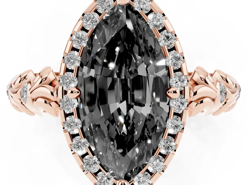 Marquise Leaf Halo Engagement Ring Setting for a Black Center | Bezel Accents | Rose Gold