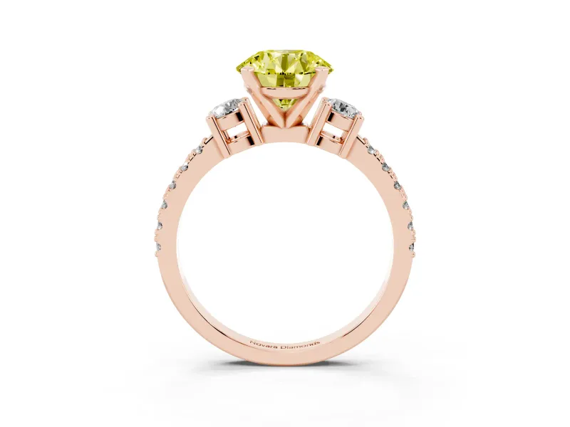 Fancy Yellow Three-Stone Round Cut Diamond Pavé Band Ring Set in Rose gold with Prong Setting