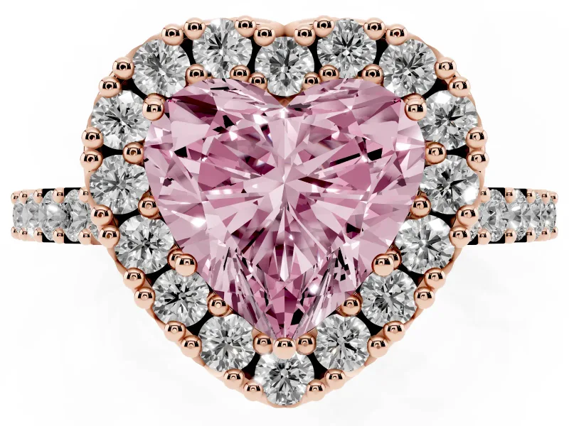 Fancy Pink Heart Cut Diamond Halo Pavé Solitaire Ring Set in Rose gold with Prong-Set Center Stone
