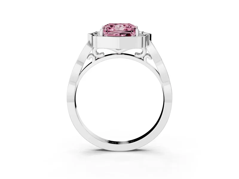 Fancy Pink Princess Cut Diamond Halo Engagement Ring Set in Silver with Milgrain Band and Prong Setting