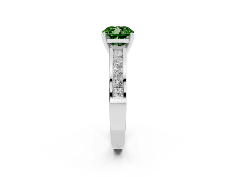 Fancy Green Cushion Cut Diamond Solitaire Ring Set in White gold with Channel-Set Band and Prong Setting