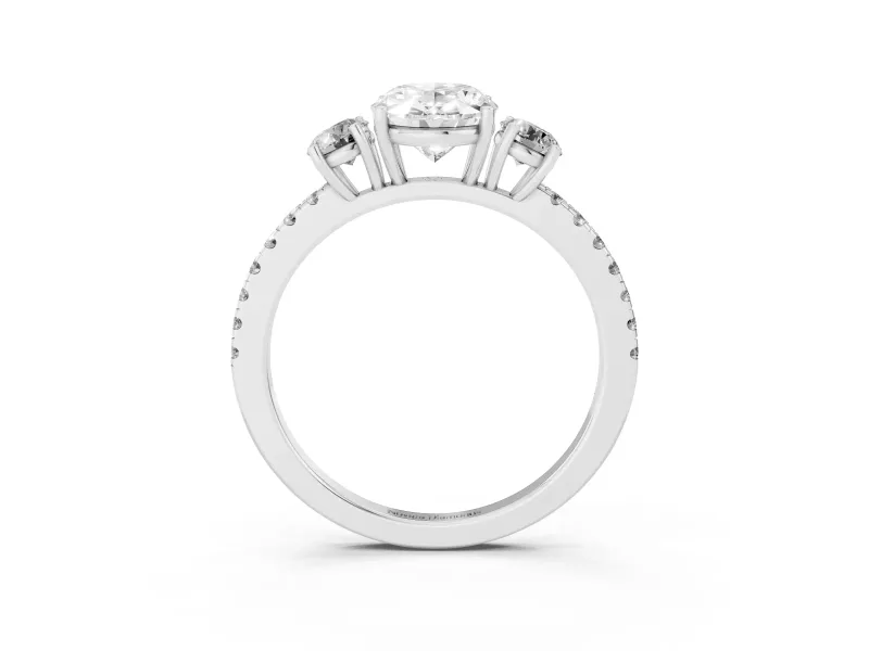 Oval Cut Diamond Three-Stone Ring Set in Silver with Pavé Band and Graduated Sides