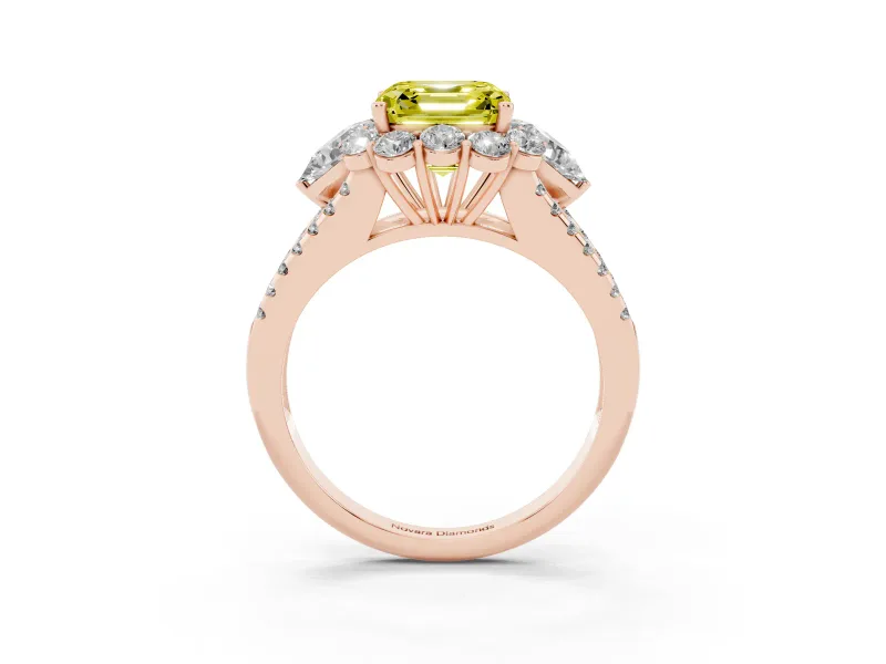 Asscher Cut Scalloped Halo Engagement Ring Setting for a Fancy Yellow Lab-Grown Diamond | Pear Side Stones | Rose Gold