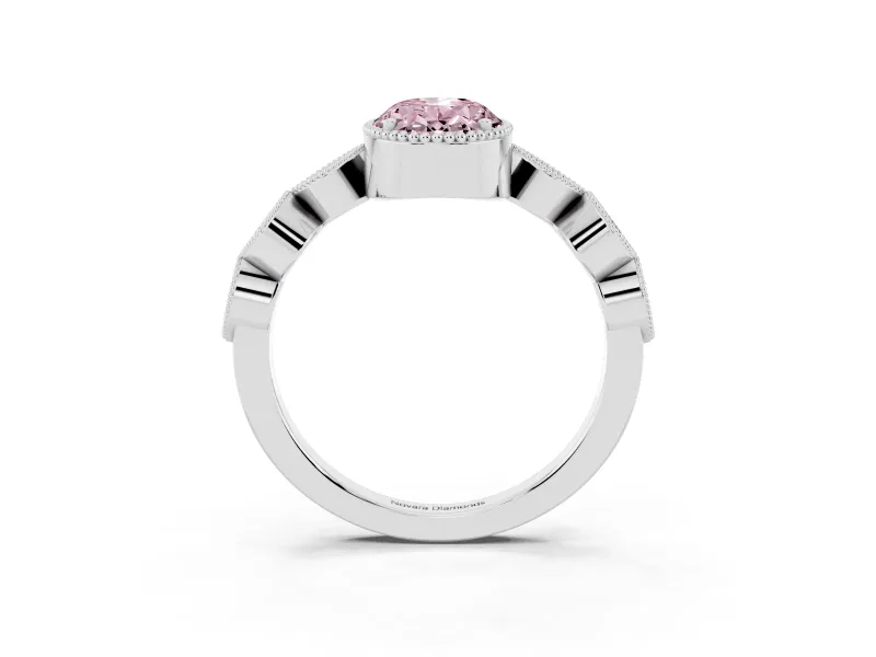 Fancy Pink Oval Cut Diamond Vintage-Inspired Milgrain Ring Set in Silver with Marquise Stations of Round Accents