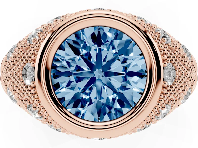 Fancy Blue Round Cut Diamond Bezel Ring Set in Rose gold with Milgrain Accent Band