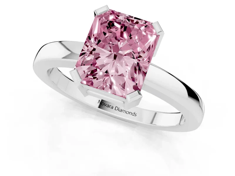 Fancy Pink Radiant Cut Diamond Solitaire Ring Set in Silver with Prong Head and Smooth Polished Band