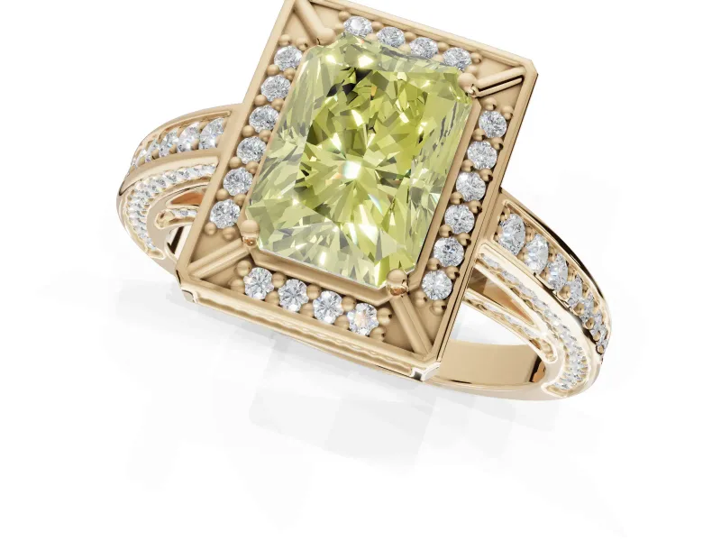 Radiant Cut Sectioned Halo Engagement Ring Setting for a Fancy Yellow Lab-Grown Diamond | Yellow Gold