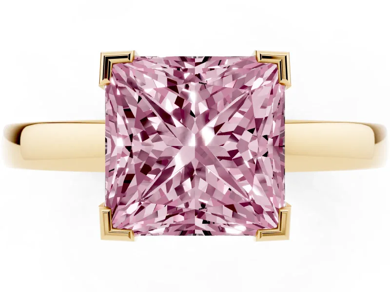 Fancy Pink Princess Cut Diamond Solitaire Ring Set in Yellow gold with Prong Head and Smooth Polished Band