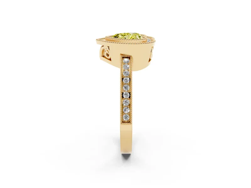 Fancy Yellow Heart Cut Diamond Halo Ring Set in Yellow gold with Pavé Band and Milgrain-Edged Prongs