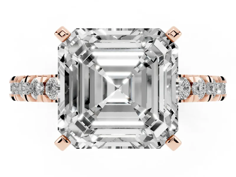 Asscher Cut Diamond Pavé Band Solitaire Set in Rose gold with Prong Setting