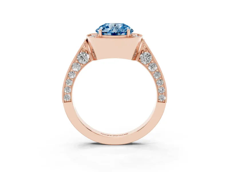 Round Milgrain Halo Engagement Ring Setting for a Fancy Blue Lab-Grown Diamond | Side Stones | Rose Gold
