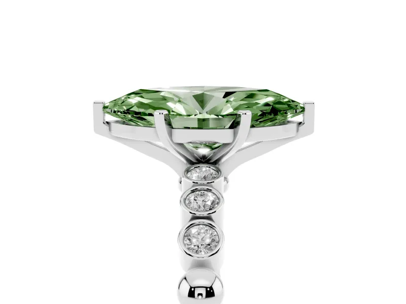Fancy Green Marquise Cut Diamond Solitaire Engagement Ring Set in Silver with Bezel Accents on Beaded Band