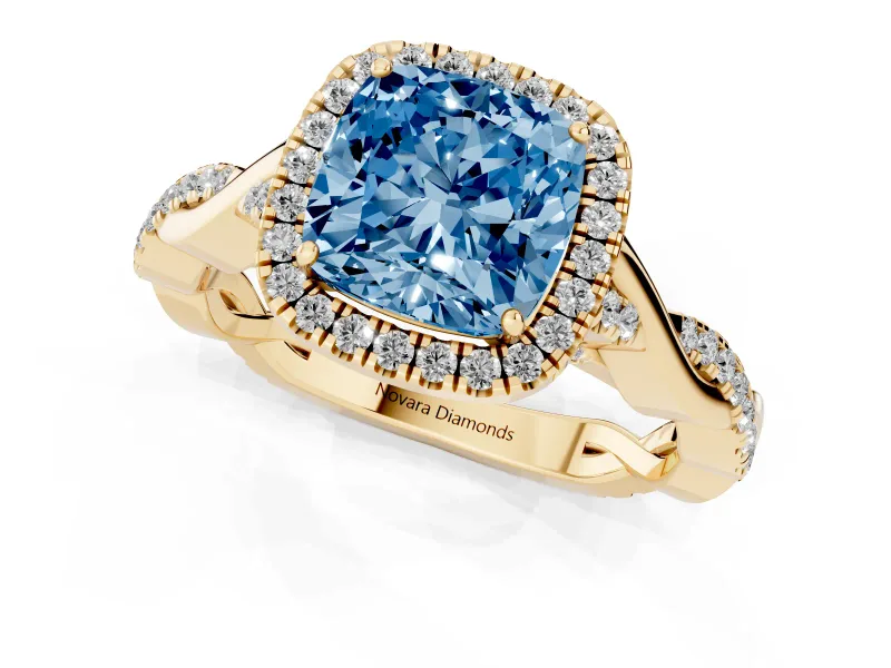 Cushion Cut Twist Halo Engagement Ring Setting for a Fancy Blue Lab-Grown Diamond | Yellow Gold