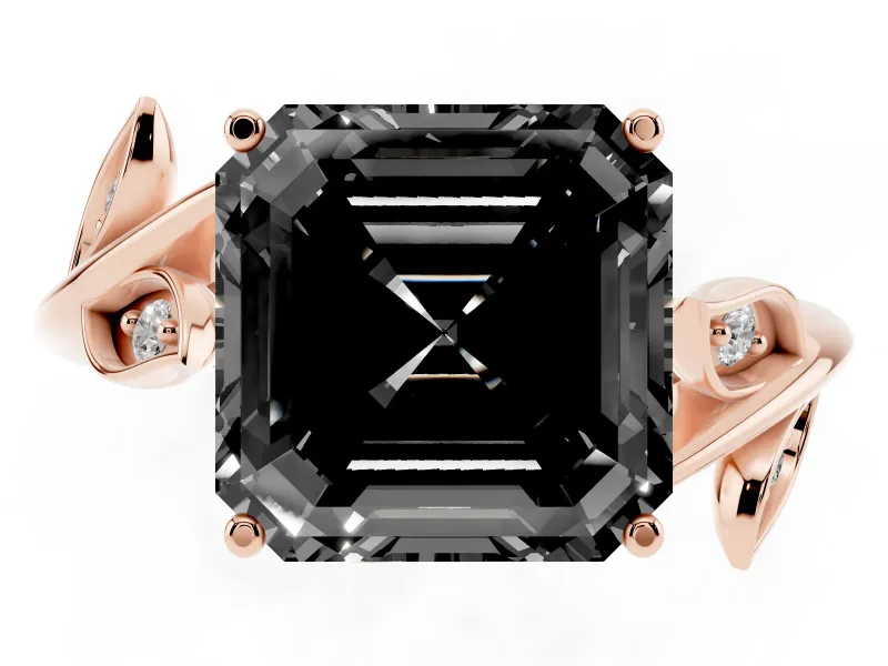 Asscher Cut Twisted Bypass Engagement Ring Setting for a Black Center | Accented Leaves | Rose Gold