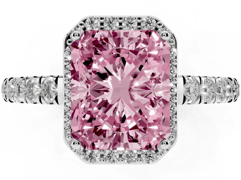 Fancy Pink Radiant Cut Diamond Halo Engagement Ring Set in Silver with Pavé Band and Prong Setting
