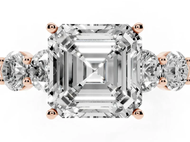 Asscher Cut Five Stone Engagement Ring Setting | Prong Set Side Stones | Rose Gold