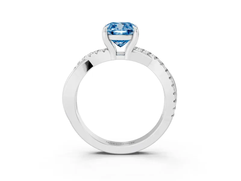 Fancy Blue Cushion Cut Diamond Twist Band Solitaire Set in Silver with Pavé Accents and Prong Setting