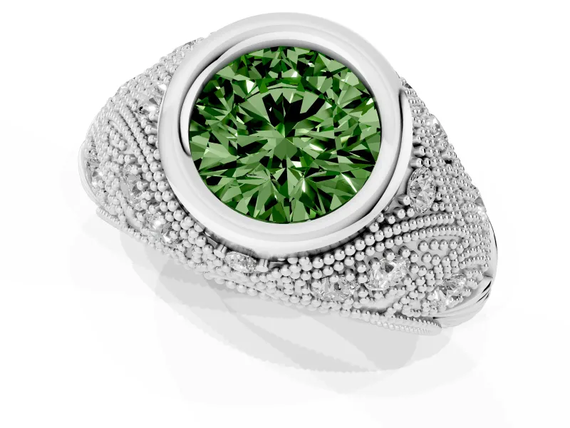 Fancy Green Round Cut Diamond Bezel Ring Set in White gold with Milgrain Accent Band
