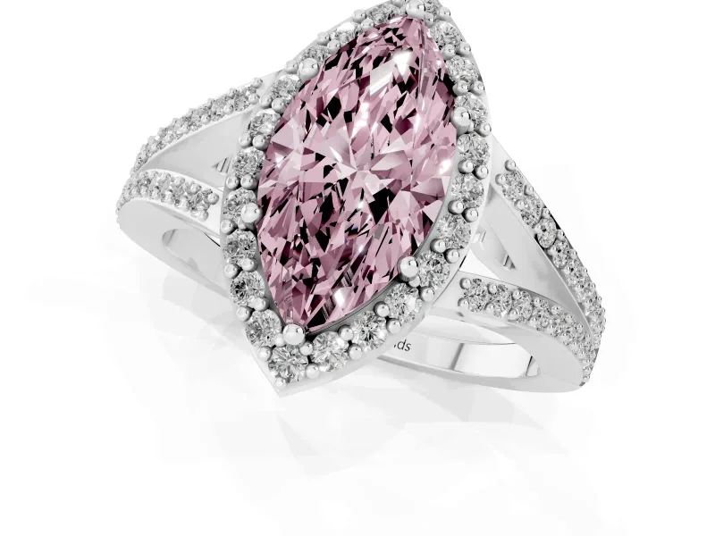 Fancy Pink Marquise Cut Diamond Halo Split Shank Pavé Ring Set in Silver with Prong Setting