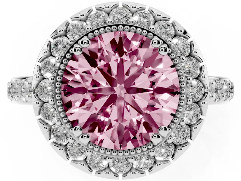 Round Vintage Milgrain Halo Engagement Ring Setting for a Fancy Pink Lab-Grown Diamond | Pierced Gallery | Platinum