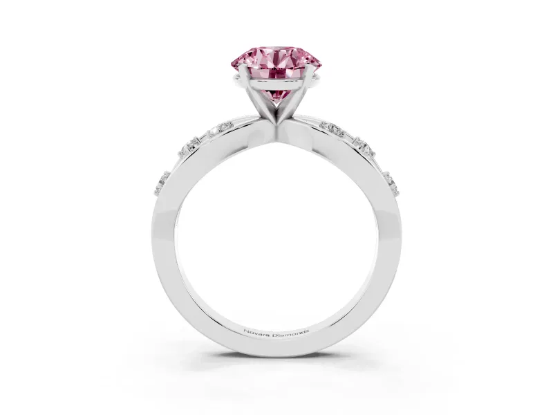 Fancy Pink Round Cut Diamond Solitaire Ring Set in White gold with Side Stones on Criss-Cross Band and Prong Setting