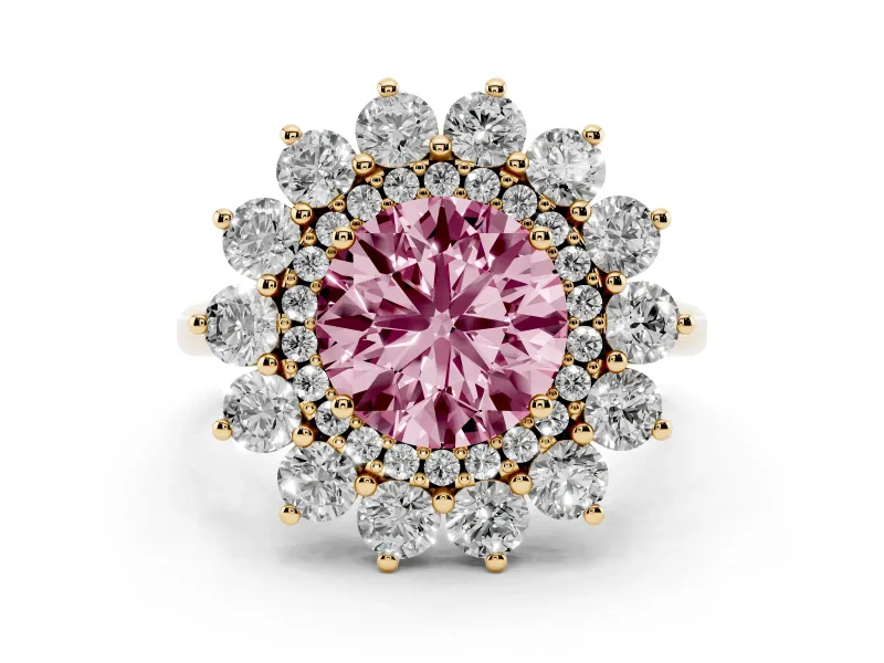 Fancy Pink Round Cut Diamond Floral Double Halo Ring Set in Yellow gold with Round Petals